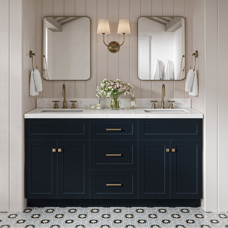 Meuble-lavabo double autoportant 66 po avec plateau en quartz Hamlet, Bleu minuit