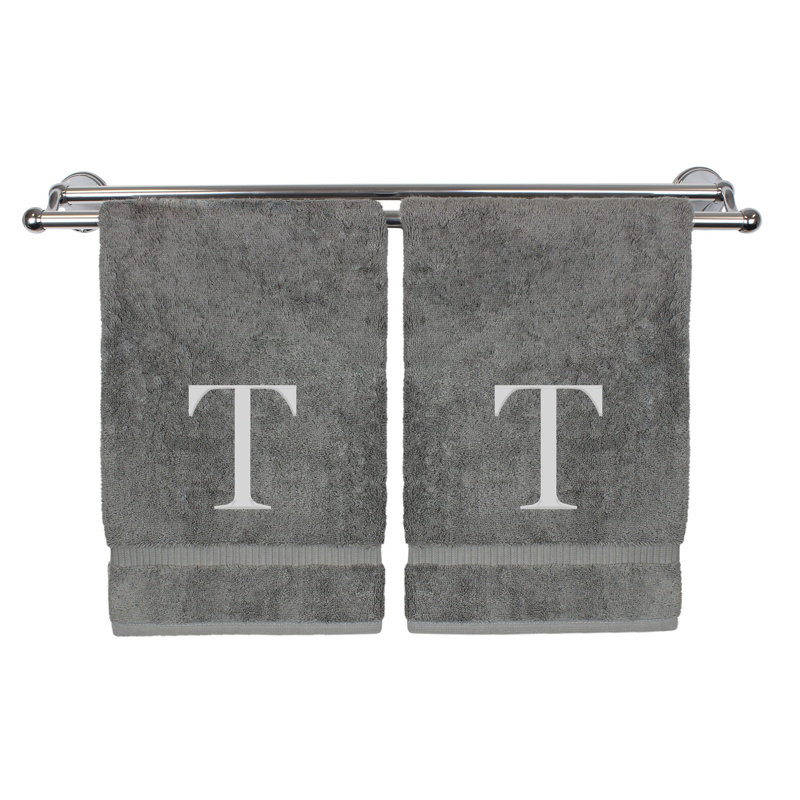 Essuie-mains monogrammés - ensemble de 2 - lettre bloc, T, Gris / Argent