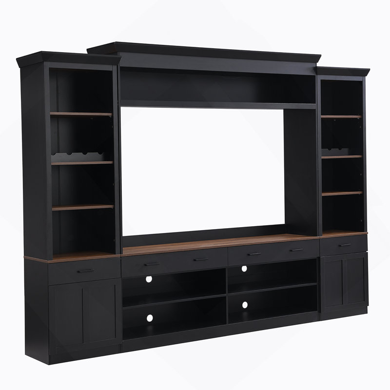Ensemble de meuble audio-vidéo de style campagnard 4 pièces avec bibliothèque et support à vin, idéal pour présenter des médias et des décorations dans le salon