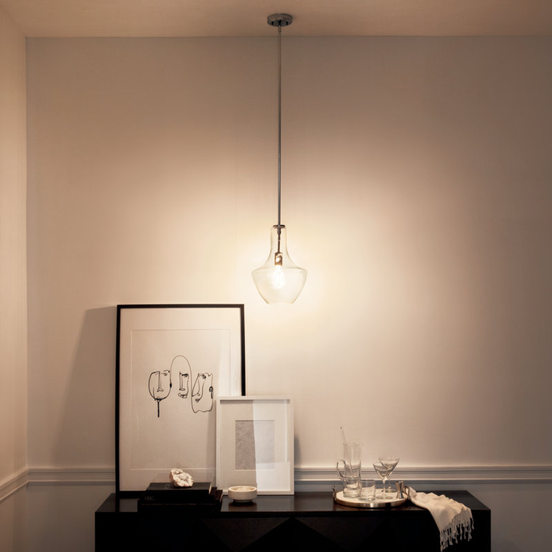Suspension Kichler Everly chromée de 38,7 cm (15,25 po) à une lumière avec abat-jour transparent en forme de larme, Chrome