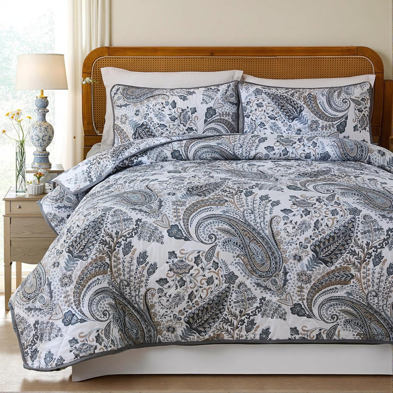 Ensembles de courtepointe 100% coton Ensembles de literie à motif cachemire gris très grand 3 pièces Couvre-lit à couvre-lit réversible à motif floral pour toutes saisons, léger et ultra doux