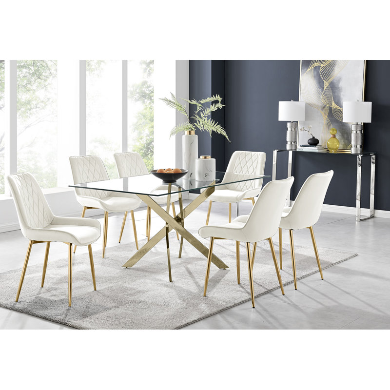 7-Piece Glass and Metal Dining Table Set with Upholstered Dining Chairs and Rectangular Table, Gold, Cream, Gold