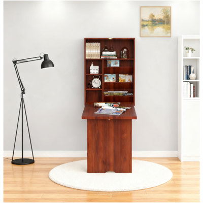 Bureau mural, bureau convertible escamotable, acajou
