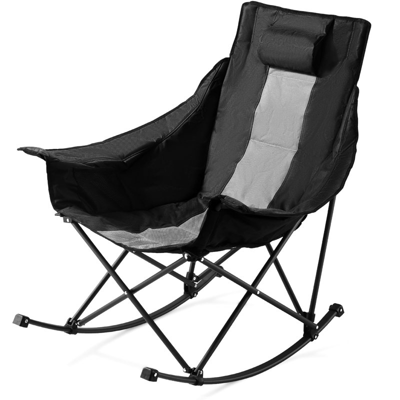 Chaise berçante pliante robuste, fauteuil inclinable avec porte-gobelet et poche, supporte 225 lb, conception ergonomique pour le patio extérieur, la structure en fer massif, le tissu, l'emballage pliable rapide