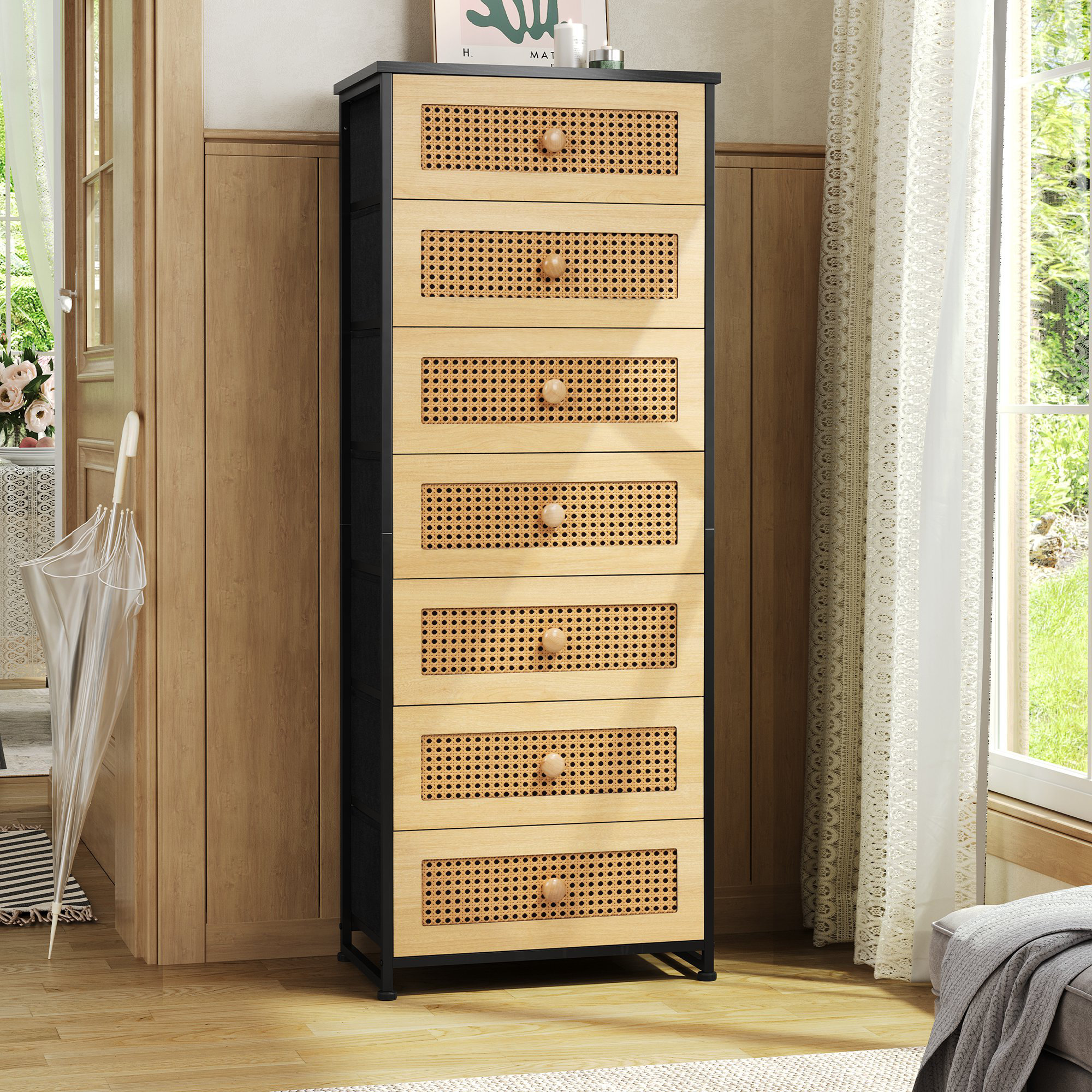 Ebern Designs 7 Drawer Rattan Dresser Fabric Drawer Dresser Reviews