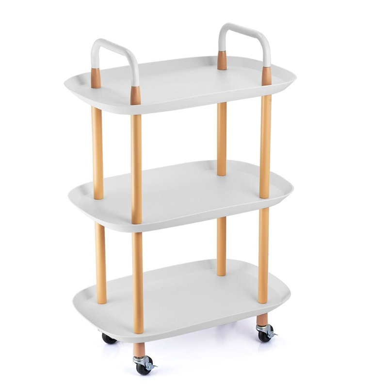 3 Tier Beech Wood & Plastic Serving Storage Trolley Food Drinks Cart on Wheels, White