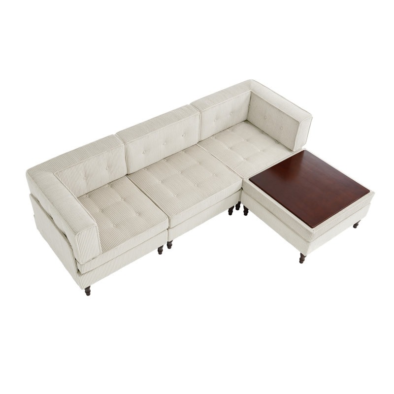4 - Piece Upholstered Tufted Corduroy Modular Corner Sofa with Pillow Back and Removable Flip-Tray Top Storage Ottoman 