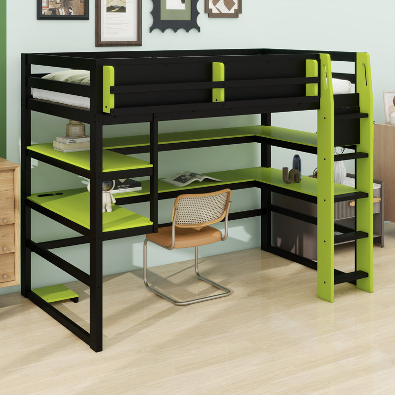 Modern Elevated Bed with Dedicated Workspace, Vertical Side Storage, Comprehensive Bookcase Shelving, and Adjustable RGB Illumination