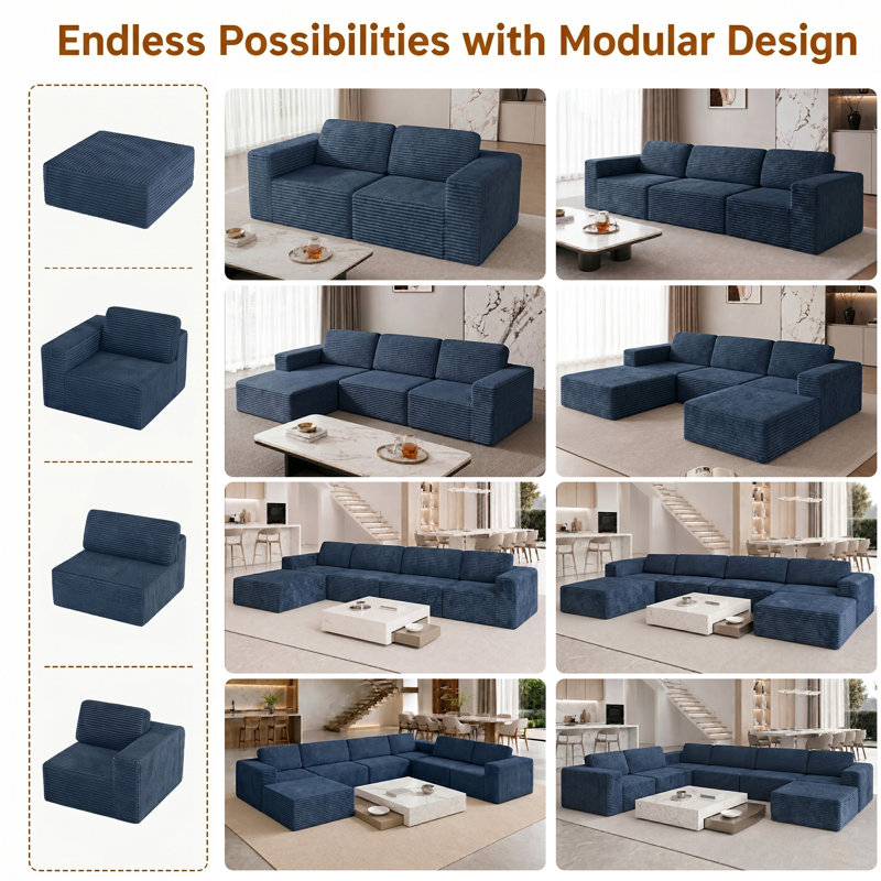 1 Seater Corduroy Sectional, Blue