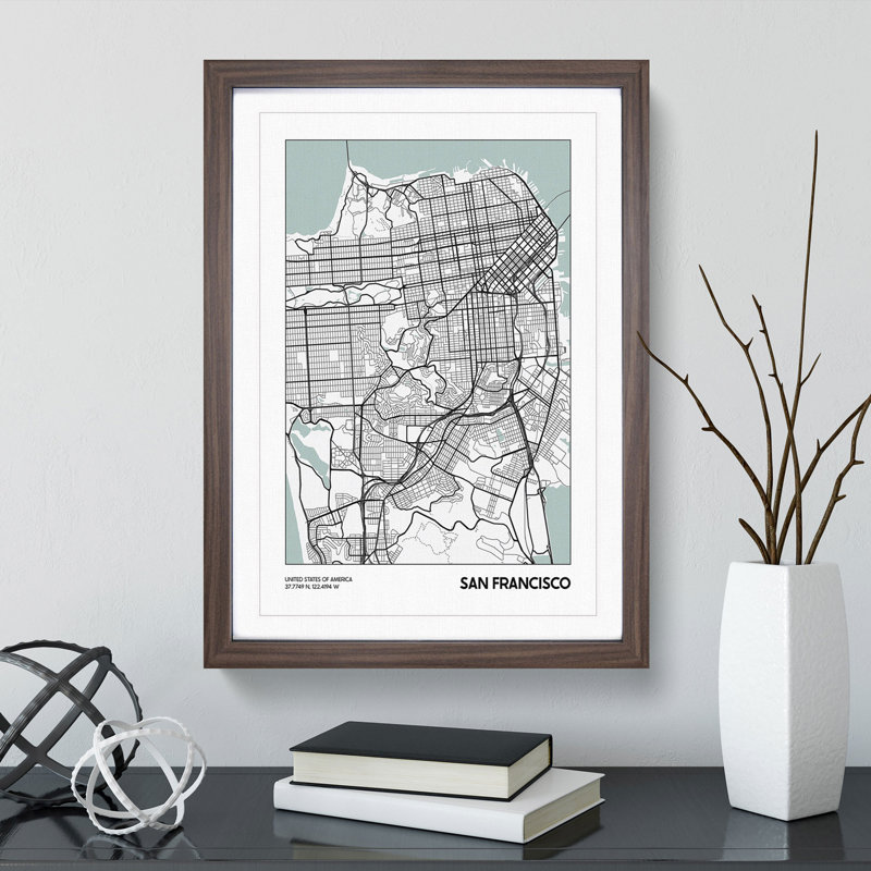 Map San Francisco USA - Picture Frame Graphic Art, 90cm H x 65cm W x 2cm D, Walnut