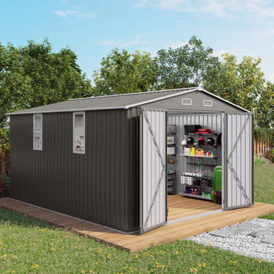 10x12ft Outdoor Storage Shed With Double Door And Vent Windows, Multi - Purpose For Backyard Garden Organization Large Metal Waterproof Lawnmower Snow