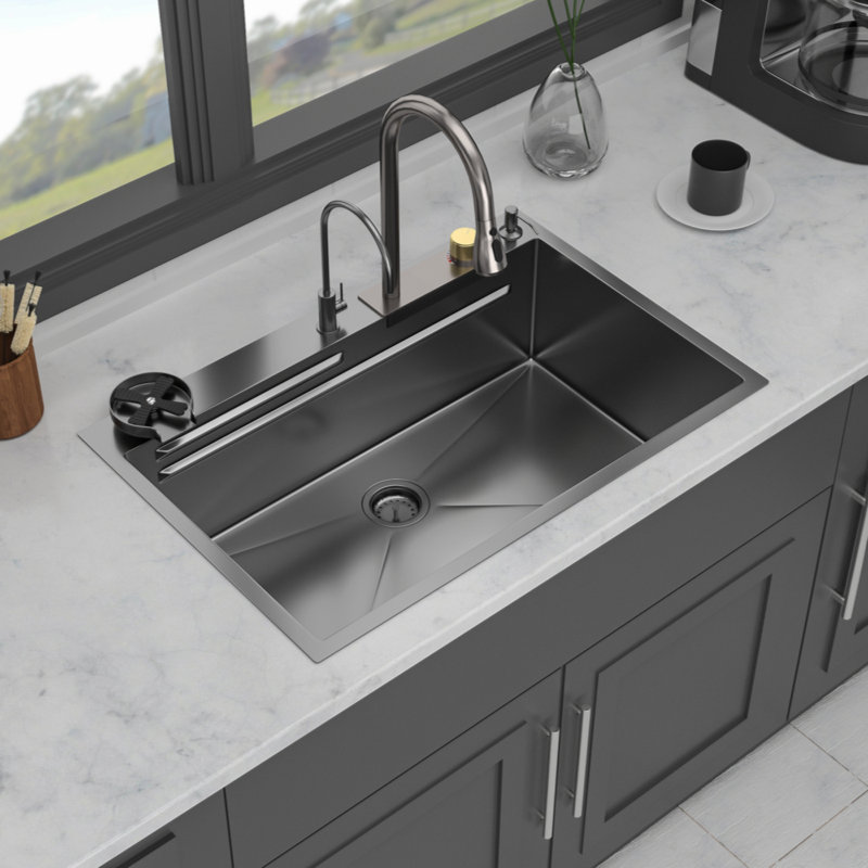 Gunmetal Black Drop In Waterfall Kitchen Sink - 33*22 Inch Single Bowl 16 Gauge Stainless Steel Ledge Workstation Kitchen Sinks With Pull-Out Faucet & Cup Washer