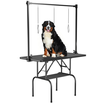 64" H x 46" W x 24" D Adjustable Dog Grooming Table with Foldable Design, Grooming Arm & Storage Shelf