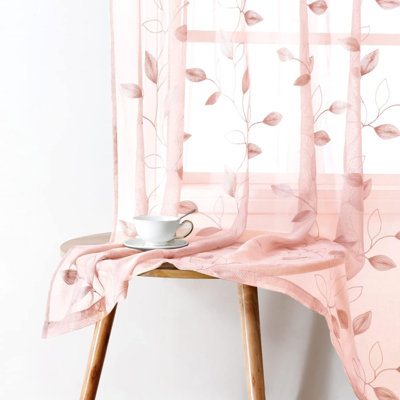 Curtains 2 Panels Embroidered Leaf Pattern Pocket Faux Linen Floral Semi Sheer Voile Window Drapes For Bedroom Living Room