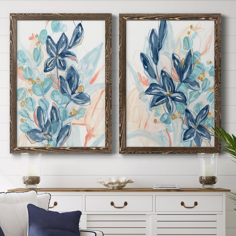 «Blooming Blues I», ensemble de 2 reproductions d'art, H 31,5 po x l 47 po x P 1,5 po, Toile avec cadre en noyer