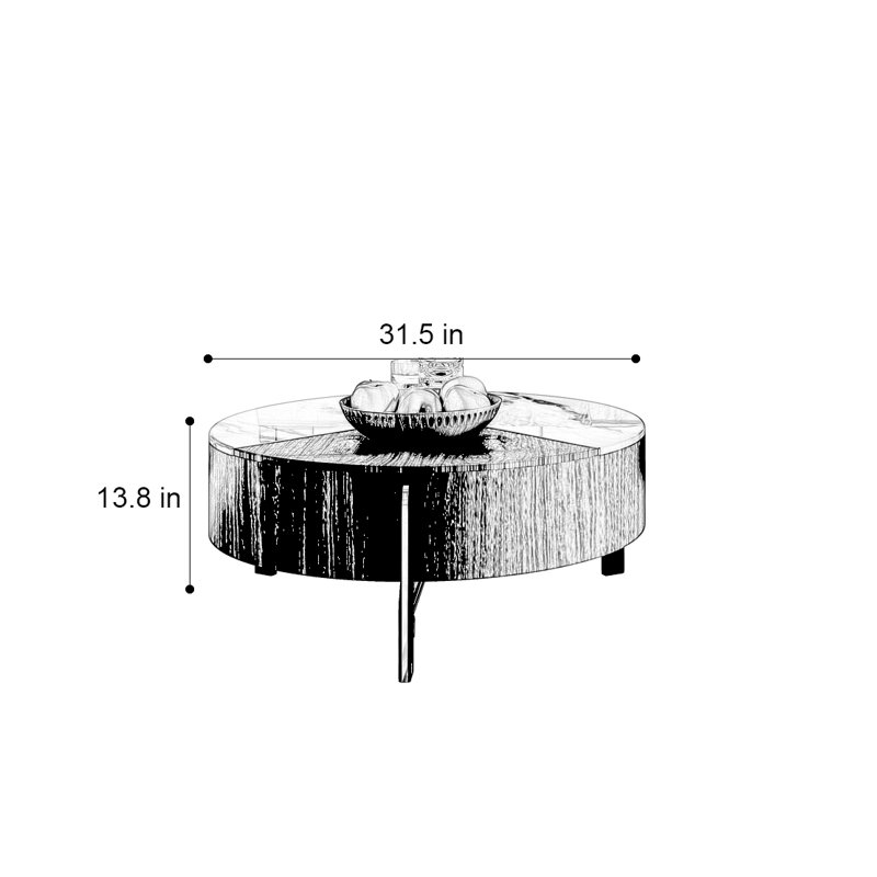 Table basse ronde en pierre micro-cristalline, Blanc / Noyer foncé