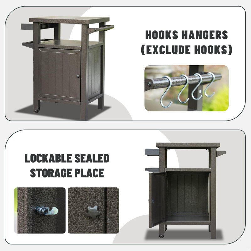 Grill Carts Outdoor With Storage And Wheels, Whole Metal Portable Table And Storage Cabinet For BBQ,Deck,Patio,Backyard