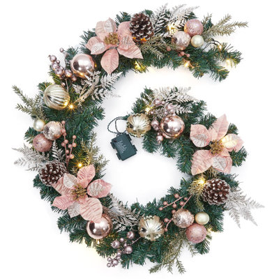 Guirlande de Noël 6 pi pour manteau de cheminée, guirlande de Noël à piles avec 20 lumières DEL minuterie boules en or rose pour foyer escalier rampe meuble télé intérieur extérieur