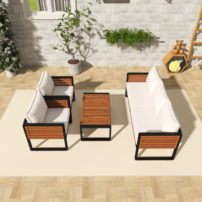 Canapé d'extérieur 72,44 po en métal et bois avec coussins beiges, Beige