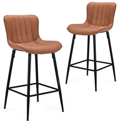 Brown Faux Leather Dining Table Counter Stools Of 2, Metal Legs, Comfortable Seating, Easy Assembly, For Bars Chairs Mid Century Style With And , Suitable Home Outdoor Use