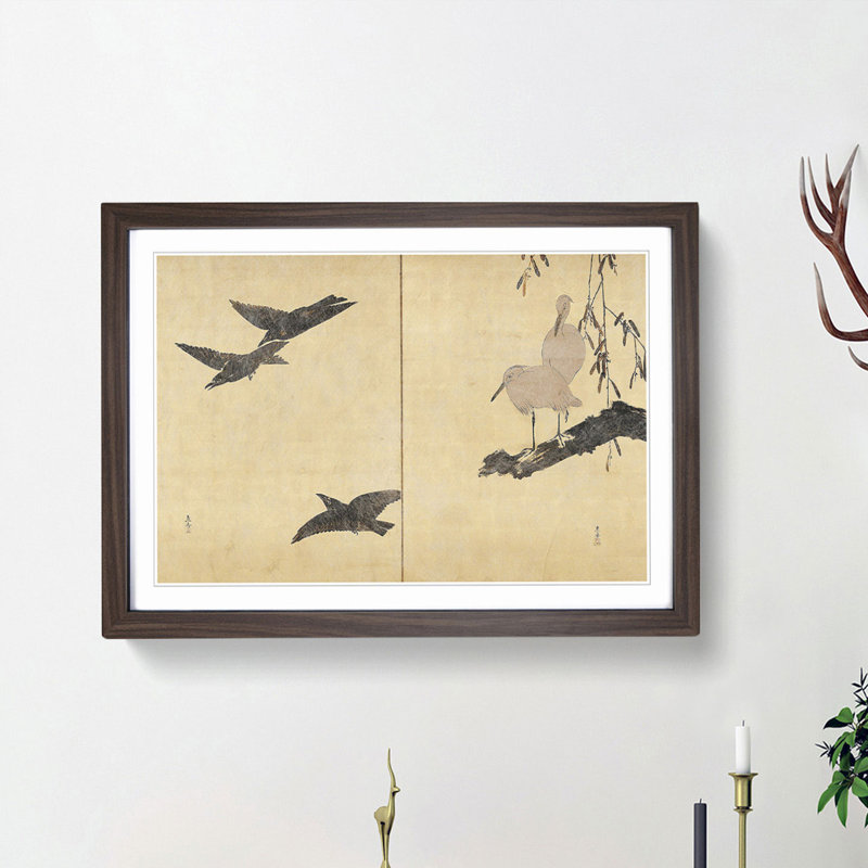 Egrets & Crows by Shibata Zeshin - Picture Frame Painting Print, Walnut Framed, 48cm H x 65cm W x 2cm D