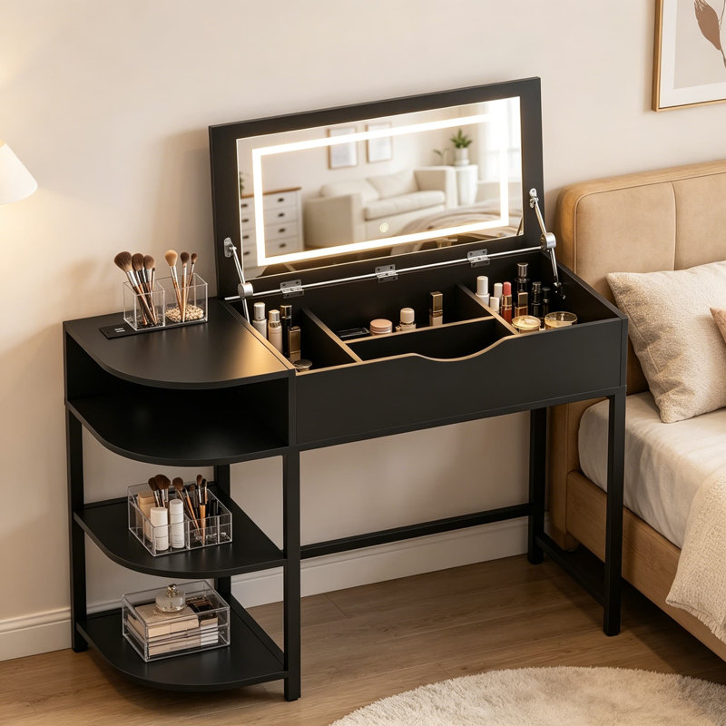 Bureau de meuble-lavabo avec miroir rabattable et lumières, bureau de maquillage avec tiroirs, coiffeuse avec tablettes de rangement et station de charge, petit meuble-lavabo pour petits espaces, noir