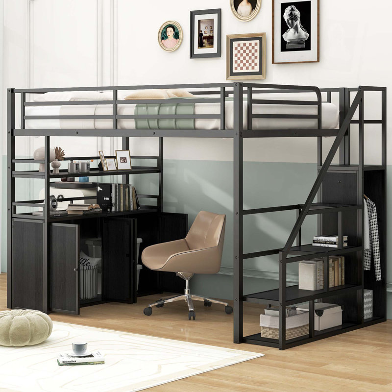 Lit mezzanine double en métal avec escalier de rangement et garde-robe, tablettes et casiers, Noir