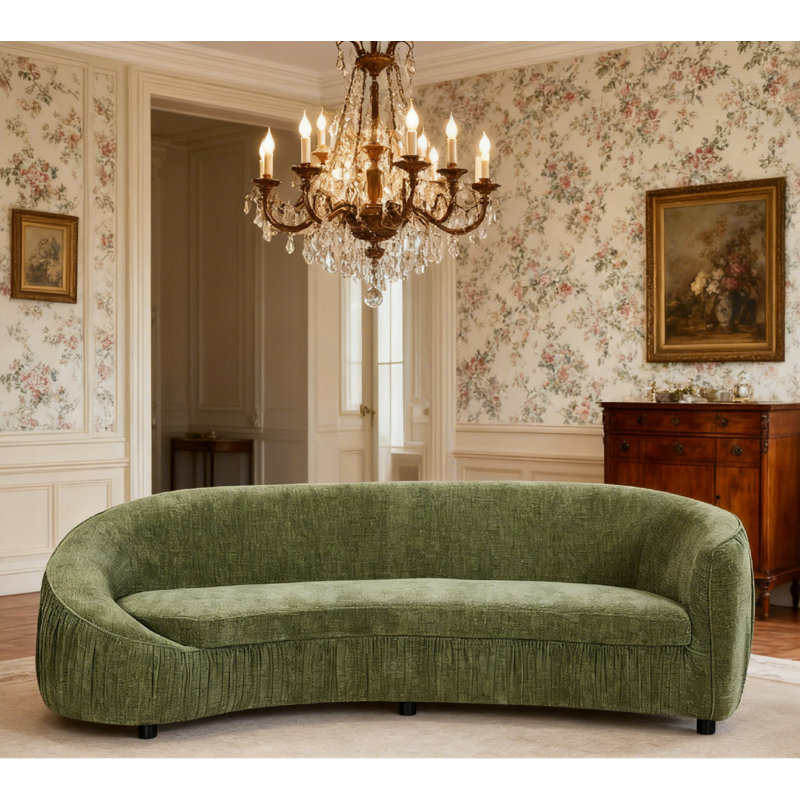 Canapé incurvé Comfort, tissu rayé vert, structure en bois massif et contreplaqué, coussins à ressorts ensachés, dossier ergonomique, assemblage facile