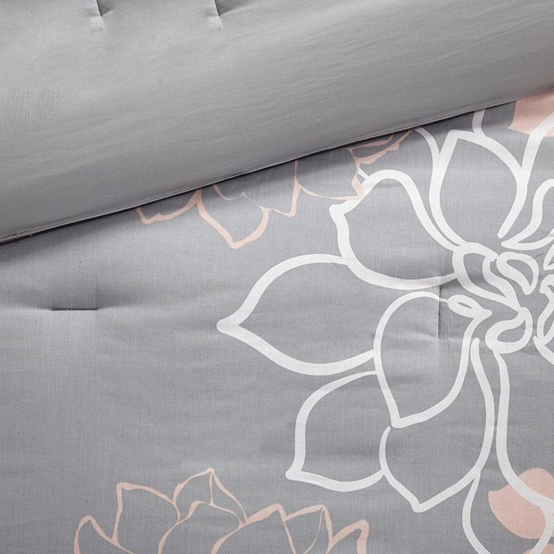 Édredon très grand avec imprimé gris / pêche - jupe de lit et literie à éléments décoratifs pour le coton et les coussins texturés