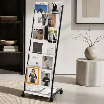 Présentoir à dépliants, porte-revues à 6 niveaux, porte-revues pour porte-revues sur pied, mobile avec 4 roulettes (dont 2 verrouillables) pour le bureau d'exposition, 6 pochettes