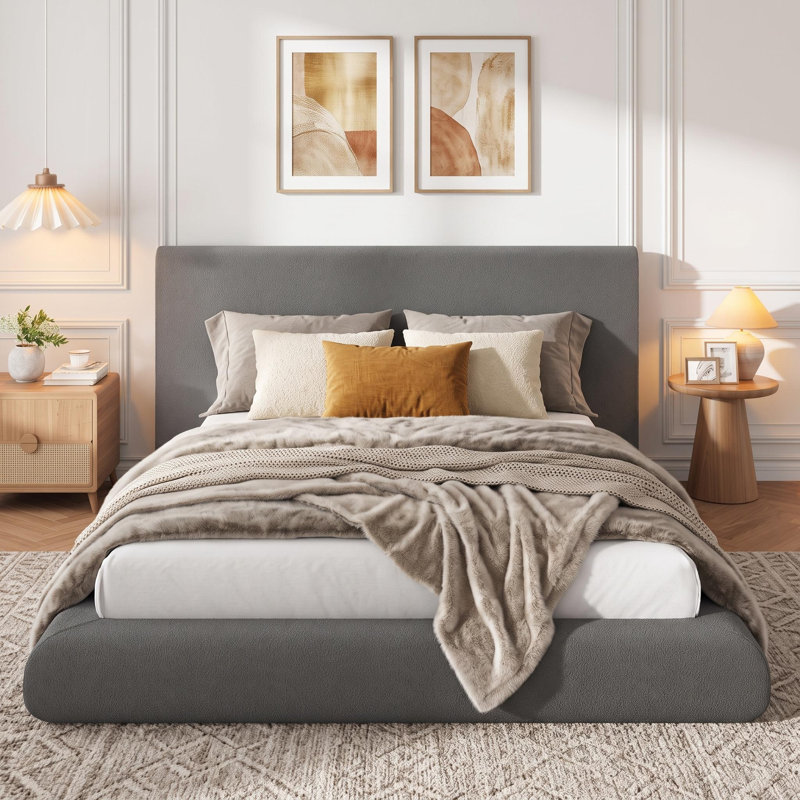 Lit plateforme grand nuage avec tête de lit tapissier - tissu moelleux doux, aucun sommier requis, assemblage facile, Gris