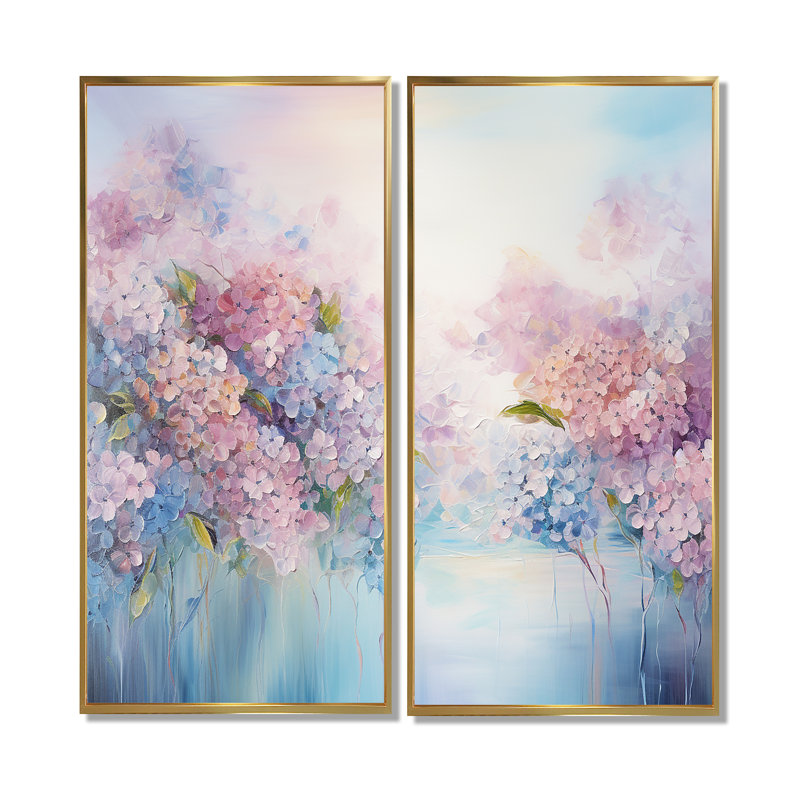 Hydrangées bleues et roses solitude dans la nature - impression de champ floral sur toile, H 32 po x l 32 po, Doré