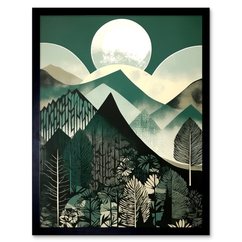 Merrianne Full Moon Over Mountain Forest Mid Century Sage Green - Single Picture Frame Print