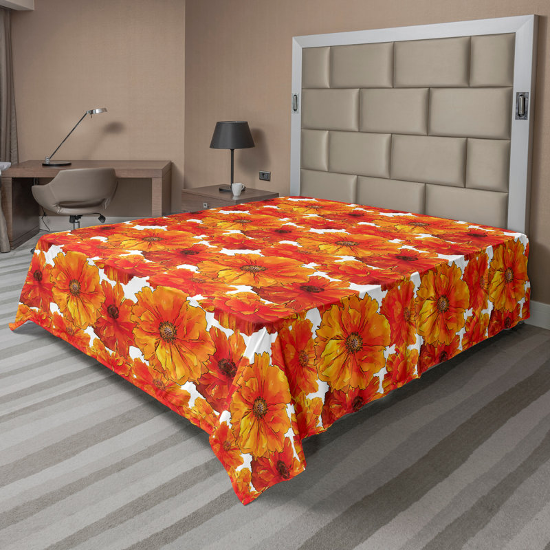 Ambesonne Nature Top Flat Sheet Glisten Fish Sunlight King Blue Purple White, Drap plat grand, Orange brûlé, blanc / floral