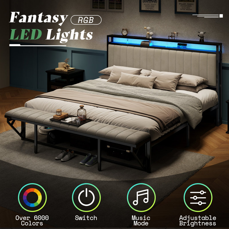 Tryston King Size Bed Frame With Footstool,upholstered Headboard,led Lights,Cream, Cream, King