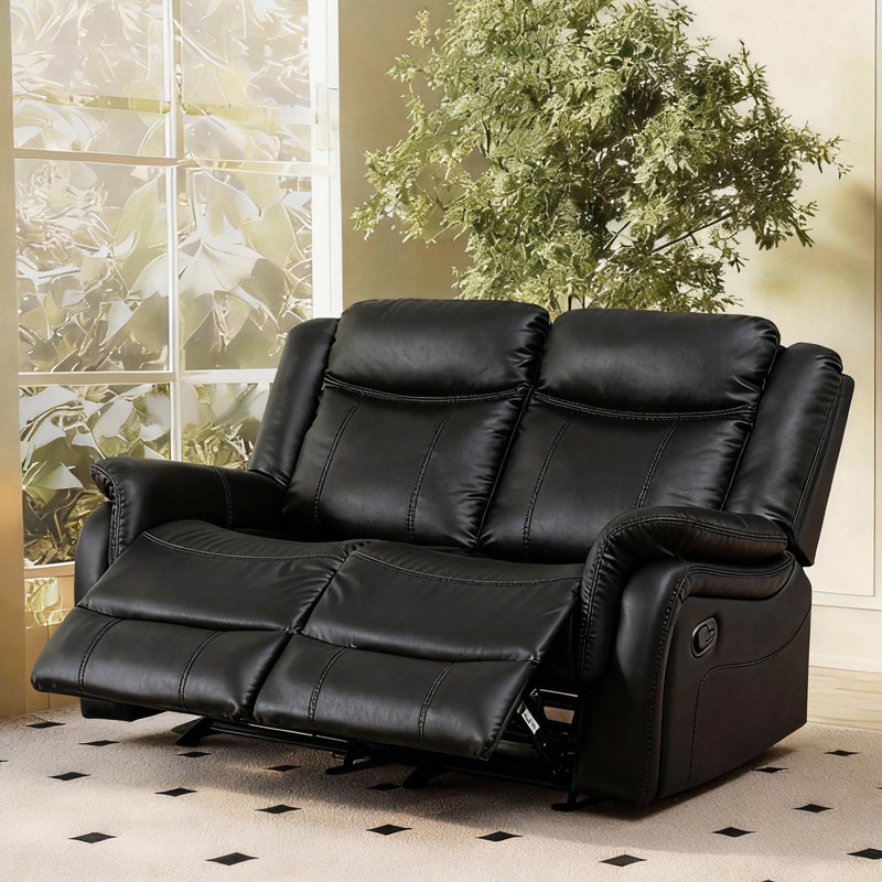 56.69"Manual Reclining Loveseat, Faux Leather, Compact Sofa For Living Room & Home Theater, Black