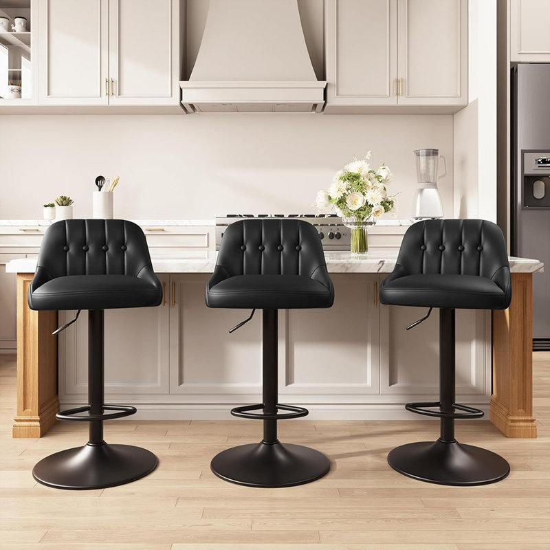 Set Of 3 Modern Adjustable Swivel Counter Height Bar Stools, PU Leather Upholstered With Tufted Back, Black
