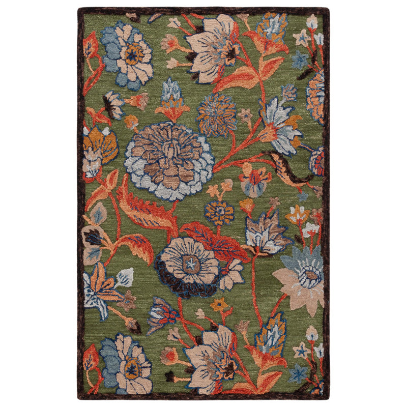 Anacecilia 759 Hand Tufted Wool/Cotton Floral Indoor Use Only Rug in Green/Blue, Round 6'