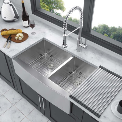 Évier de cuisine en acier inoxydable 33 po x 20 po à tablier frontal encastrable à double cuve de calibre 16 avec deux cuves profondes de 9 po - Évier de cuisine