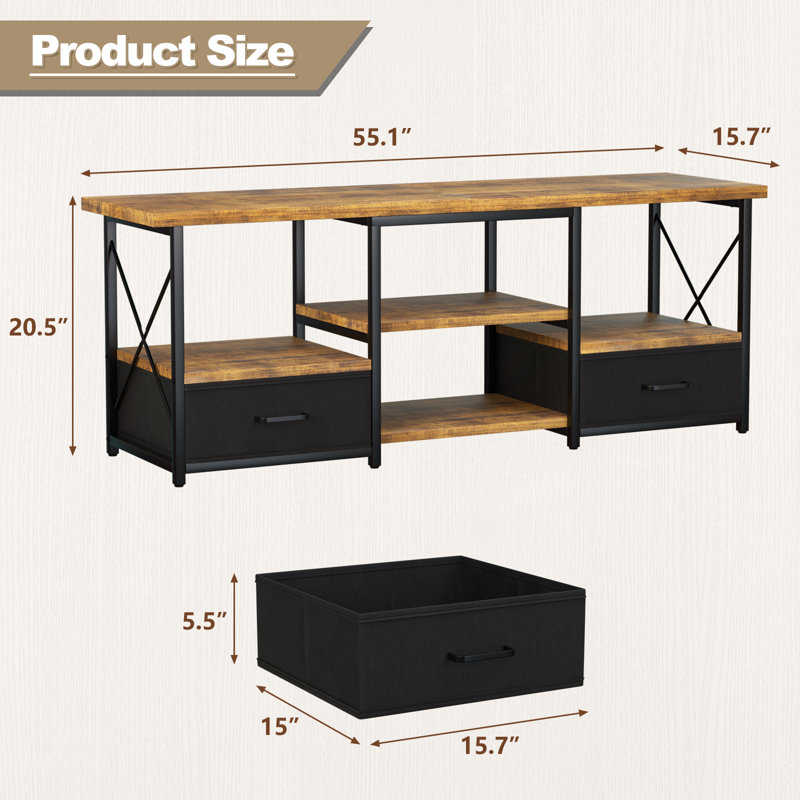 Industrial Tv Stand With Open Storage And Fabric Drawers For 55-65 Inch Tvs – Perfect For Living Room And Bedroom., Black