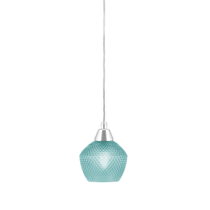 Mini-luminaire suspendu tout verre avec verre texturé de 6 po, Bleu sarcelle, Chrome, Bleu sarcelle