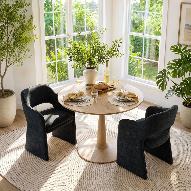 Ensemble de table et de chaises pour 2 personnes avec table ronde et 2 fauteuils en tissu rembourrés, Noir