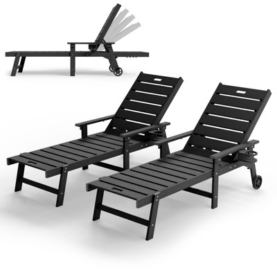 All-Weather HIPS Outdoor Patio Chaise Lounge Chair with 5 Positions Set of 2, Easy Installation Patio Chaise Lounger with Wide Arms & Rotating Cup Holders & Smooth Bearing Wheels for Pool/Poolside/Beach/Deck/Patio/Backyard, Black(set of 2)