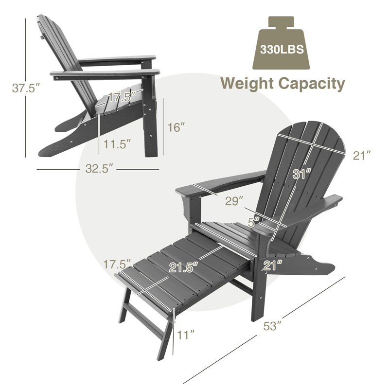 Baughn Foldable Outdoor Adirondack Chair With Ottoman, Gray