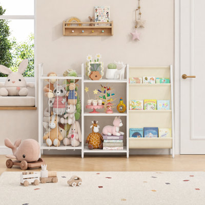 Kids Toy Storage Organizer with Book Sling Rack, Multi-Cubby Children Toy Bookshelf, Large Toddler Playroom Storage Unit for Bedroom, Play Area