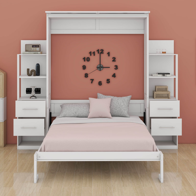 Grand lit escamotable grand format avec 4 tiroirs et cadre de lit mural vertical pliable avec lit plateforme, Blanc