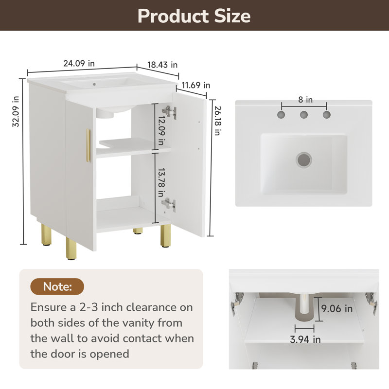 24" Single Bathroom Vanity with Ceramic Sink, Free-standing Vanity with Storage Cabinet, Black