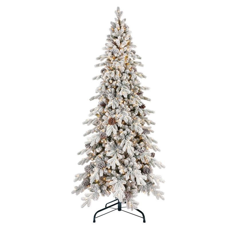 Arbre de Noël floqué à charnières en PE / PVC avec lumières DEL blanc chaud, 31 pommes de pin naturelles et support en métal