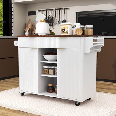 Rolling Fluted Kitchen Cart with Drop Leaf, Power Outlet, Adjustable Shelves and Storage Drawers