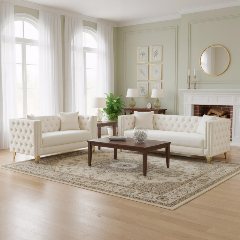 80.5" Tufted Velvet Sofa with Nailhead, Beige, 29" H x 80.7" W x 29" D
